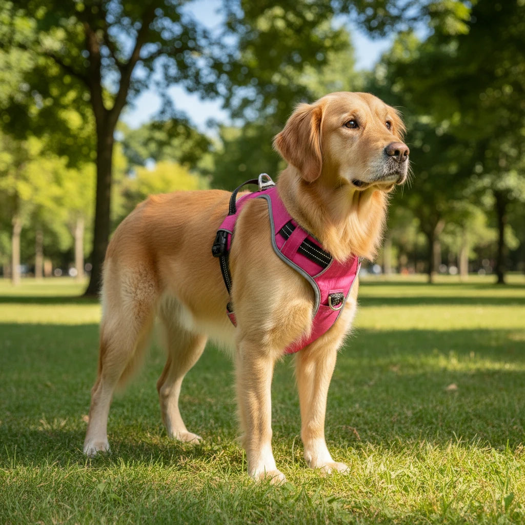 Pink dog harness with gray padding on a white background