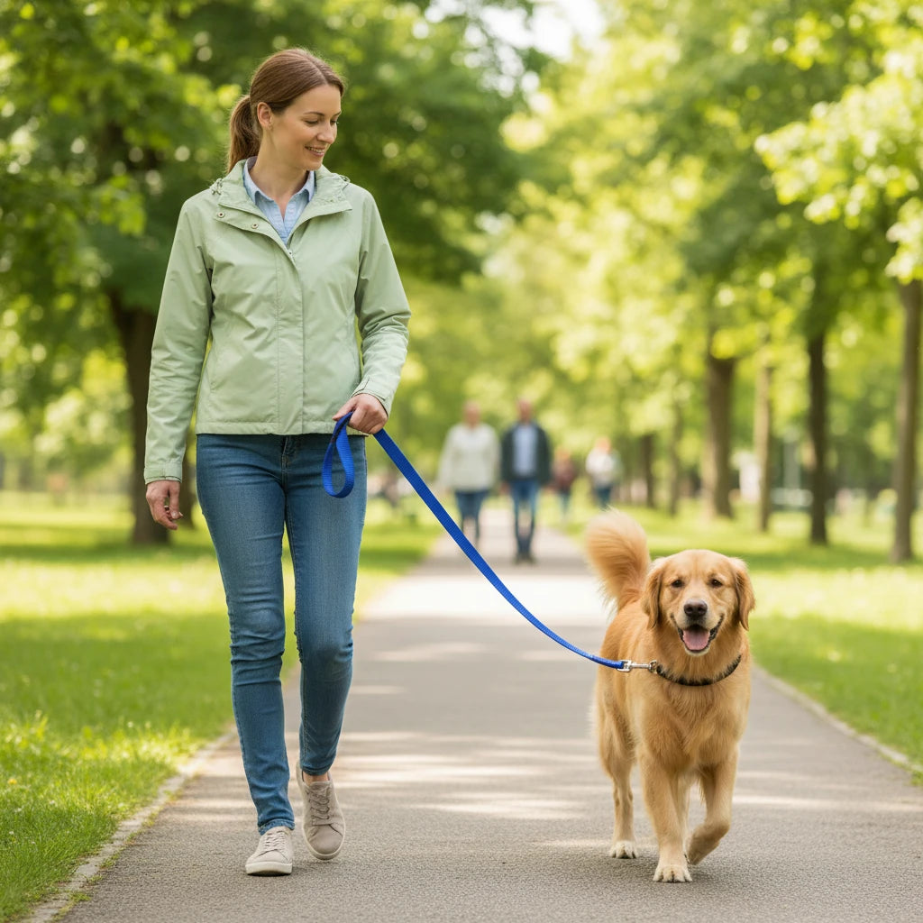 Blue dog leash with metal clip on a white background