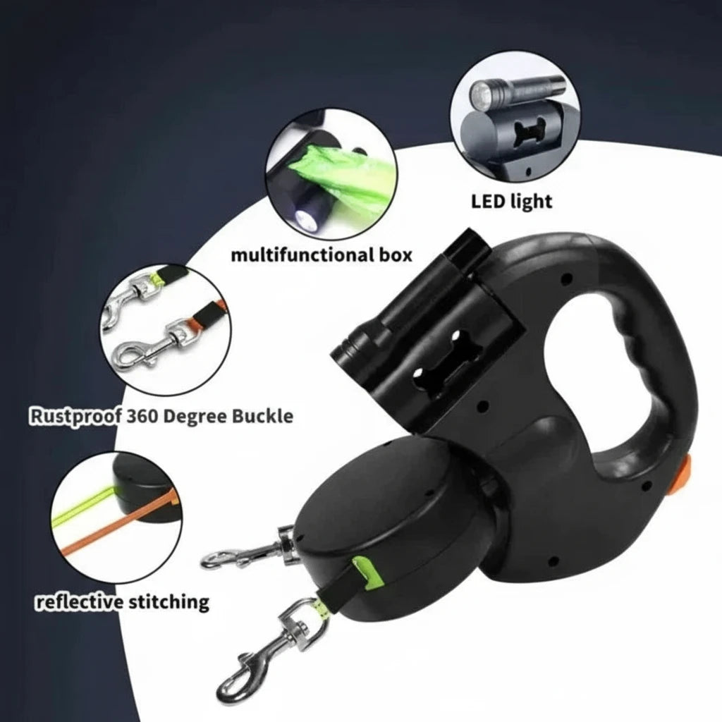 Black retractable dog leash with features highlighted 