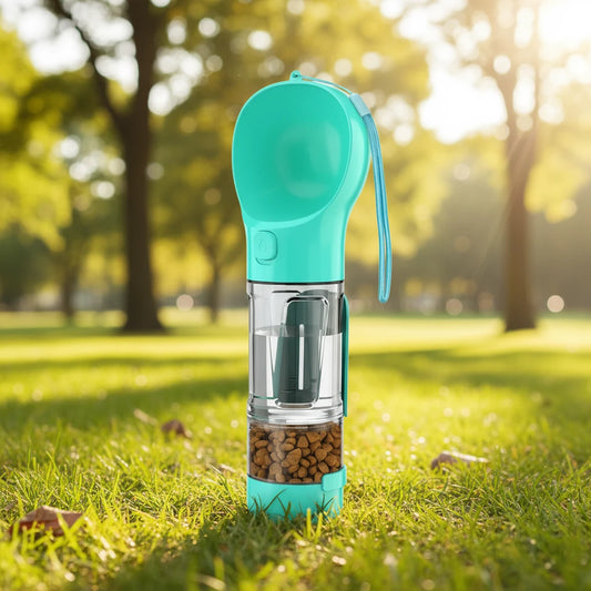 Teal pet feeder with labeled parts on a white background