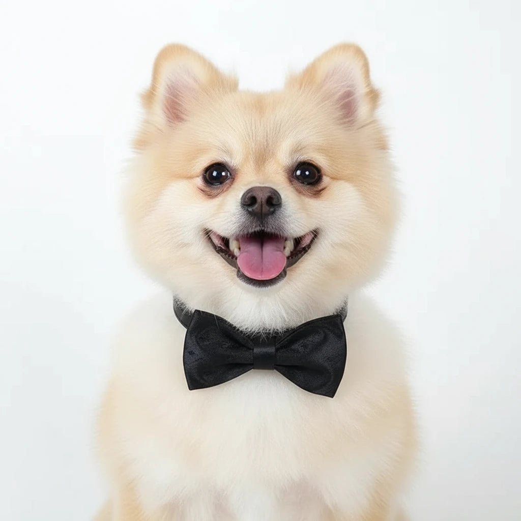 Black bow tie on a wooden block with a light wood background